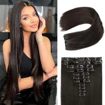 Image de Extension de cheveux à clipser, lot de 11 pièces, longueur 61 cm, lisses, couleur noire-brun, matière synthétique