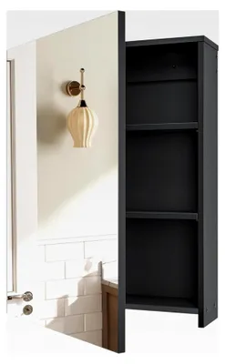Produktbild von Spiegelschrank, Badezimmerschrank mit Spiegel, Wandschrank mit verstellbaren Regalen, an der Wand montierter Badschrank, hängende Aufbewahrung für das Badezimmer, Schwarz