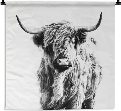 Produktbild von MuchoWow® Wandteppich Wandbehang Schwarz und Weiß - Schottischer Highlander - Tiere 60x60 cm Tapisserie Dekoration Wandtuch - Dekorationen - Wand Decke