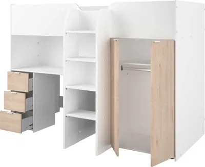 Image de Lit mezzanine combiné pour enfants -Reproduction en blanc et chêne - Boxspring inclus - 90 x 200 cm