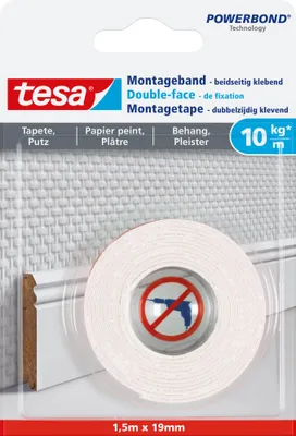 Produktbild von tesa Montageband, 1,5m x 19mm, für Tapeten und Putz, bis zu 10kg/m, weiß