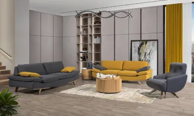 Produktbild von Grau-Gelbe Wohnzimmer Sitzmöbel Luxus 2x 3-Sitzer Couchen Einsitzer 3tlg