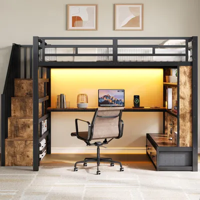 Obrázok produktu pre okwish Posteľ pod strechou, 140x200 cm, s poličkami, písacím stolom a LED osvetlením, jednolôžko s 2 zásuvkami a úložným priestorom, čierna, bez matraca