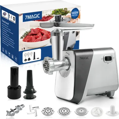 Produktbild von 7MAGIC Fleischwolf Elektrisch, Multifunktion Elektrischer Fleischwolf mit Drei Formen von Schneidebechern, Fleischwolf mit Wurstfüller, Spritzgebäck & Kebbe Aufsatz, 3 Edelstahl Lochscheibe