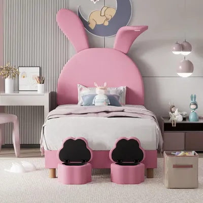 Produktbild von ODIKALO Kinderbett Jugendbett 2 Lagerhockern LED Hasenohren Kopfteil 90x200cm