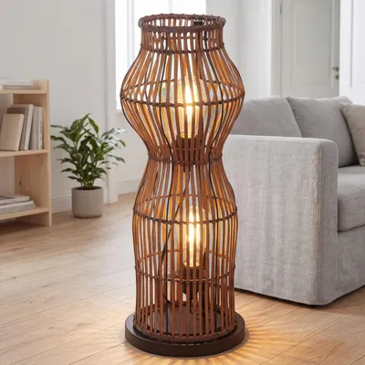 Produktbild von Kleine Stehleuchte Korb 60 cm Bambus für 2x E27 Boho Stehlampe Wohnzimmer Bodenlampe