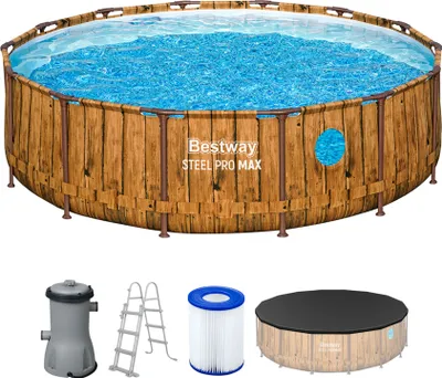 Produktbild von Bestway® Steel Pro MAX™ Splashview™ Frame Pool Komplett-Set mit Filterpumpe Ø 427 x 107 cm, Holz-Optik (Pinie), rund