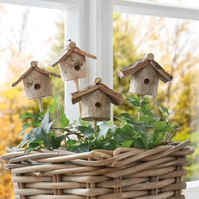 Produktbild von 4 Dekostecker "Vogelhäuschen" aus Holz, natur, Stecker für Adventskranz, Gesteck & Blumentopf, Blumenstecker