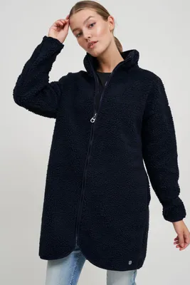 Produktbild von OXMO OXTova Damen Sweatjacke Lang Jacke mit Teddy-Fell Stehkragen Reißverschluss Eingrifftaschen Loose fit
