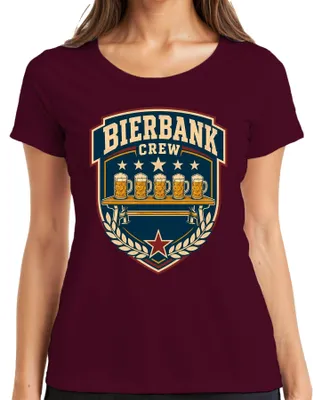 Obrázek produktu pro Tričko s potiskem "Bierbank Crew  Stammtisch Masskrug Lederhose Dirndl JGA" pro dámy, barva: vínová, velikost: XXL