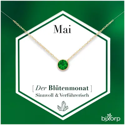 Produktbild von Bixorp Halskette mit Geburtsstein Zirkonia-Anhänger Mai - Vergoldeter Edelstahlkette mit rundem Zirkonia-Kristall - Mai/Smaragd