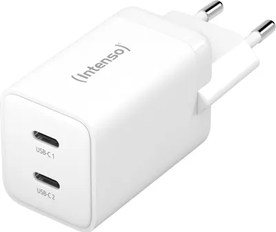 A white dual USB-C power adapter with the brand name 'Intenso' printed on it.