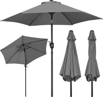 A collection of gray patio umbrellas shown from different angles.