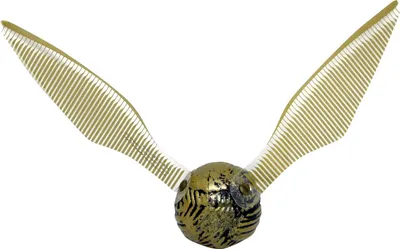 A golden snitch with wings is shown against a white background.