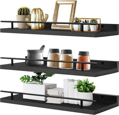 Produktbild von Azomor® Set von drei schwarzen Holzregalen mit Metallgeländer zur Dekoration