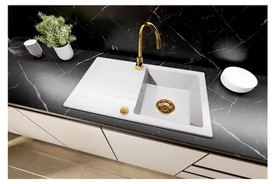 Produktbild von Faizee Home | Granitspüle 75×45 cm – Küchenspüle mit Abtropffläche | Granit Einbauspülbecken für Unterschränke ab 45 cm mit Siphon-Set und Armatur in Gold | Farbe Weiß