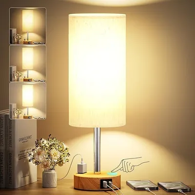 Produktbild von Nachttischlampe Touch Dimmbar, Tischlampe mit USB-C+A-Ladefunktion Steckdose, Leinen-Lampenschirm, Holzsockel, für Schlafzimmer Wohnzimmer