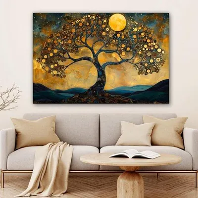Immagine prodotto di Quadro da parete 120x80 cm Decorazione d'interni Arte Albero Luna Fiori Colore oro