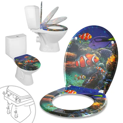 Productafbeelding van Vigevee Toiletdeksel, WC-zitting, "klobrille" met automatische zachte sluiting, gemaakt van antibacterieel Duroplast, eenvoudige montage, hoge draagkracht, universele ovale vorm, motief: "onderwaterwereld", design: onderwater