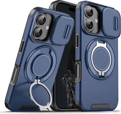 Obrázek produktu pro Dvouvrstvé pouzdro pro iPhone 16 Plus, s posuvným krytem fotoaparátu a magnetickým kroužkovým stojánkem Modrý