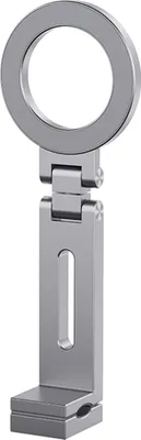 A silver-colored, foldable phone stand with a ring-shaped holder is shown against a white background.