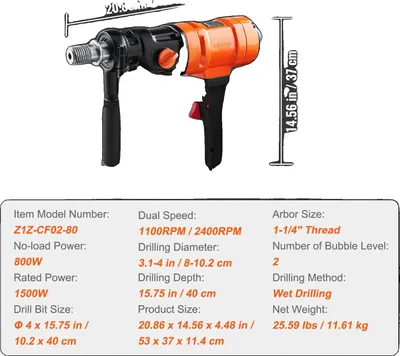 Produktbild von Kernbohrmaschine, 1500W Leistung, Bohrdurchmesser 3,1-4 Zoll, Nassbohren, schwarz