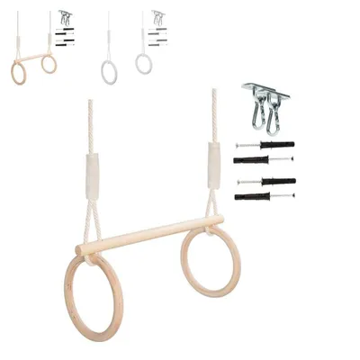 Produktbild von MAMOI Turnringe, Trapez Schaukel & Monkey Bars für Kinder Indoor, mit Kindergriffen, CE-zertifiziert, 100% ECO, Kiefern- und Buchenholz. Maße: Stangenlänge 50 cm, Stangendurchmesser 2,8 cm, Griff 2x20 cm, Aufhängungshöhe 84-116 cm.