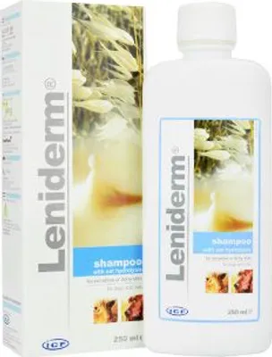 A product shot of a bottle of Leniderm shampoo next to its packaging.