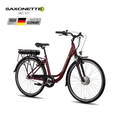 A burgundy Saxonette e-bike is shown against a plain white background, with brand and quality information displayed in the top left corner.