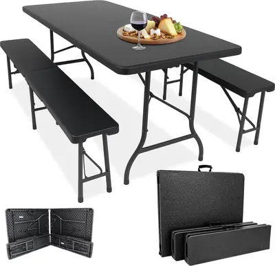 Produktbild von Devillo® Bierzeltgarnitur klappbar 3-teilig anthrazit – Tisch 180x74 cm + 2 Bänke – wetterfest – pflegeleicht – rutschfest – mit Griff – für Garten Terrasse Balkon Camping Event