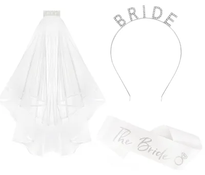 Produktbild von Braut Stirnband mit Schleier und Schärpe - Mit Strassbesatz - Hochzeitsaccessoires - Weiß