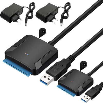 Produktbild von 2 Stück USB 3.0 SATA Adapter für HDD SSD 2,5 3,5 Zoll mit Netzteil