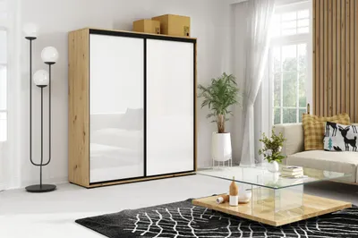 Obrázek produktu pro Šatní skříň 125/245 s posuvnými dveřmi FABVELA - dub artisan / bílá lesklá