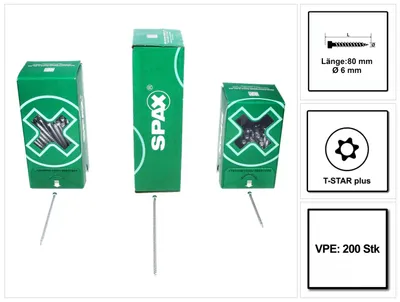 Obrázok produktu pre SPAX IN.FORCE skrutka 6,0 x 80 mm 200 ks ( 1211010600805 ) Torx T-STAR Plus T30 plne závitová hlava valca WIROX 4CUT vŕtací hrot