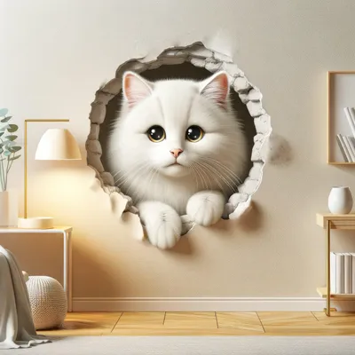 niedliche weiße Katze im 3D-Mauerdurchbruch – Decords Wandtattoo, Produktansicht 1