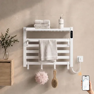 Zdjęcie produktu dla S'AFIELINA Grzejnik łazienkowy elektryczny z półką 450 × 600 mm 155 W Biały,Grzejnik drabinkowy elektryczny WiFi z aplikacją