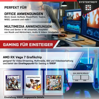Produktbild von SYSTEMTREFF Gaming Komplett PC - Ryzen 5 5655G - AMD RX Vega - 16GB  - 256GB SSD +  - 24 Zoll TFT - Windows 11 Pro - Desktop