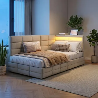 Obrázok produktu pre INONEFT, čalúnená posteľ pre deti, 90x200 cm, s LED osvetlením a USB portmi, rozkladacia pohovka/posteľ s roštom a úložným priestorom, posteľ s úložným priestorom a 2 zásuvkami, materiál: ľan, farba: béžová