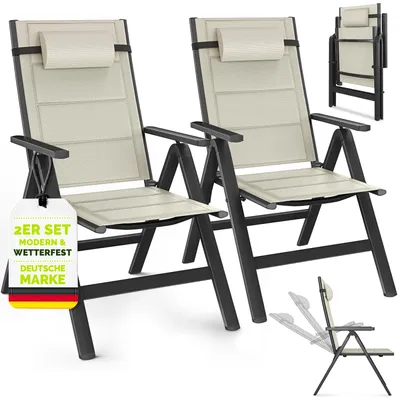 Produktbild von tillvex Gartenstuhl mit Polster Premium 2 Stück Beige klappbar aus Aluminium | Hochlehner mit Armlehnen | Klappstuhl verstellbar | Klappsessel Balkon Garten Terrasse