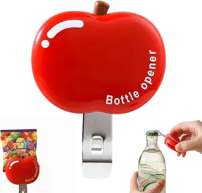 Produktbild von 2er-Set Magnetischer Flaschenöffner Apfelform, 3-in-1 als Flaschenöffner Kühlschrankmagnet & Beutelverschließer, rot – für Zuhause, Camping