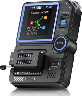 A close-up studio shot of a digital component tester.