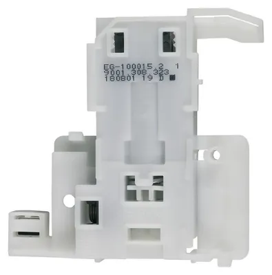A white plastic dishwasher door lock mechanism is shown against a white background.