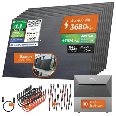 Produktbild von Solarway® All In One Balkonkraftwerk mit Speicher 3680W komplett Steckdose - 5,4 kWh Anker Solix 3 PRO Speicher