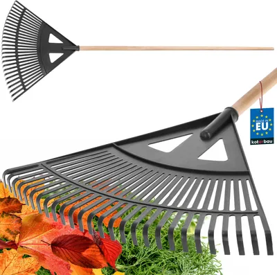 Produktbild von KOTARBAU® Robuster Rechen 580 mm mit Stiel aus Holz Laubbesen für Gras und Blätter Laubharke aus Kunststoff Fächerbesen Harke Laubfeger Laubfächer Laubrechen Gartenrechen Gartenbesen Schwarz