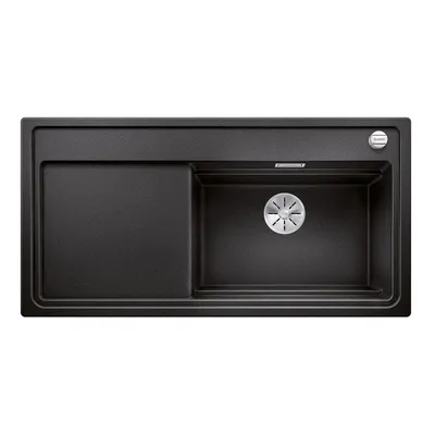A top-down view of a black kitchen sink with a drain and a separate basin.
