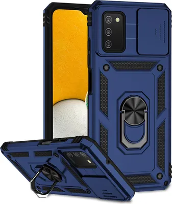 A blue phone case with a sliding camera cover and a ring stand is displayed with a portion of a phone inside.