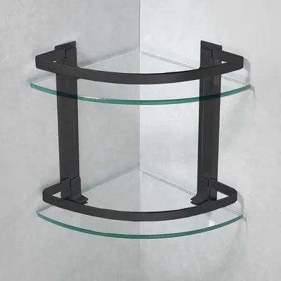 Immagine prodotto di Mensola angolare in vetro temperato - alluminio nero - 2 ripiani - elegante