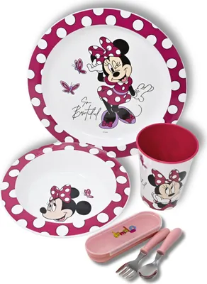 Produktbild von Kindergeschirr Set Minnie Mouse - Kinder Geschirr Set mit Teller, Schüssel, Becher & Besteck - Disney Geschirrset für Mädchen & Jungen - BPA frei