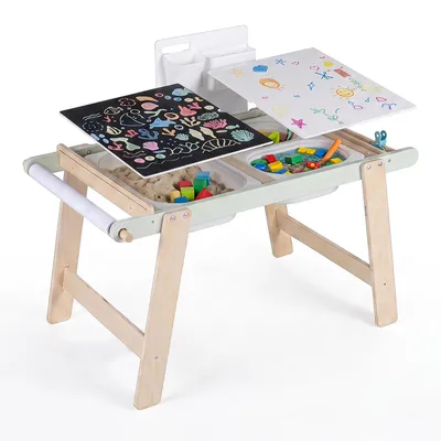 Productafbeelding van COSTWAY Kindertafel, sensorische tafel, speeltafel met tafelblad, 3 opbergboxen, rol papier, 2 pennenhouders en 2 klemmen, activiteitentafel
