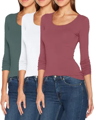 Produktbild von ONLY 3er-Set Damen Longsleeve Slim Fit Langarmshirt mit Rundhalsausschnitt, Grün-Weiß-Dunkelrosa, S